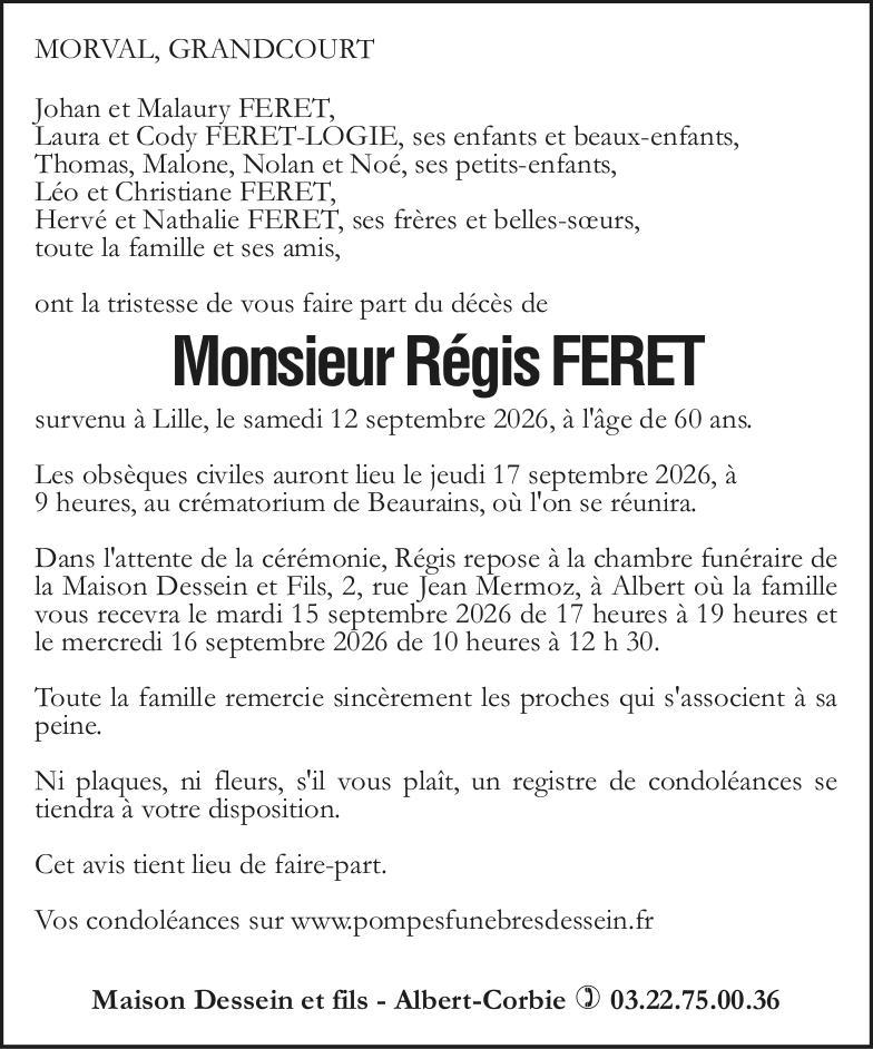 Avis de décès de M. Régis FERET