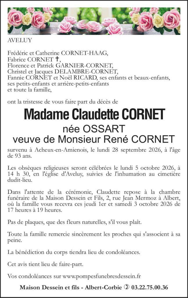 Avis de décès de Madame Claudette CORNET née OSSART