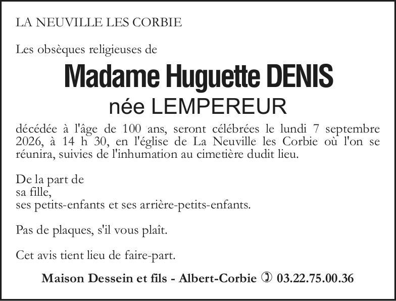 Avis de décès de Madame Huguette DENIS née LEMPEREUR