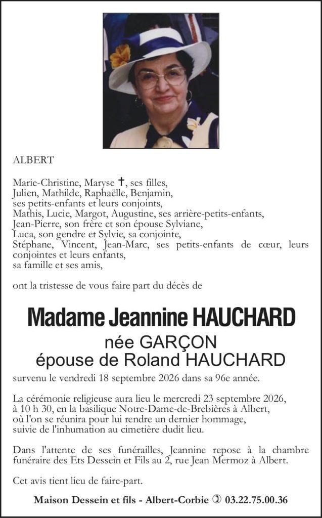 Avis de décès de Madame Jeannine HAUCHARD