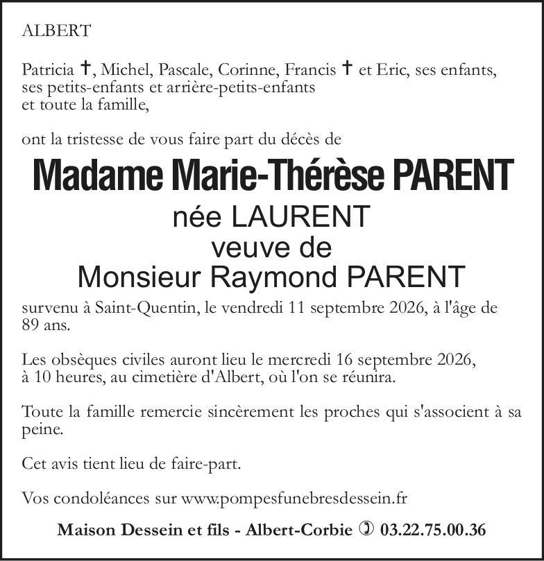 Avis de décès de Madame Marie-Thérèse PARENT née LAURENT