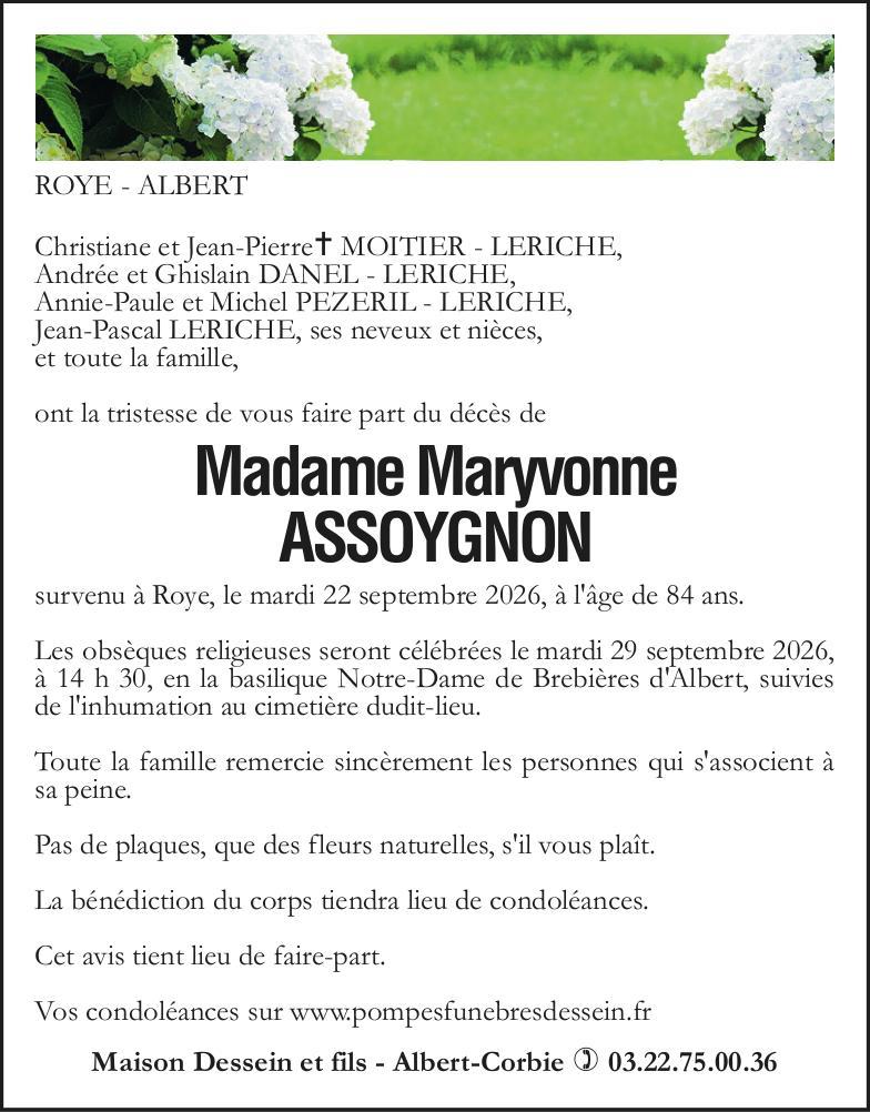 Avis de décès de Madame Maryvonne ASSOYGNON
