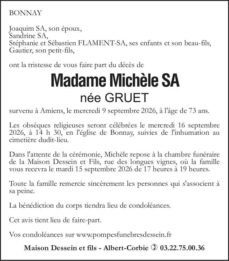 Avis de décès de Madame Michèle SA née GRUET