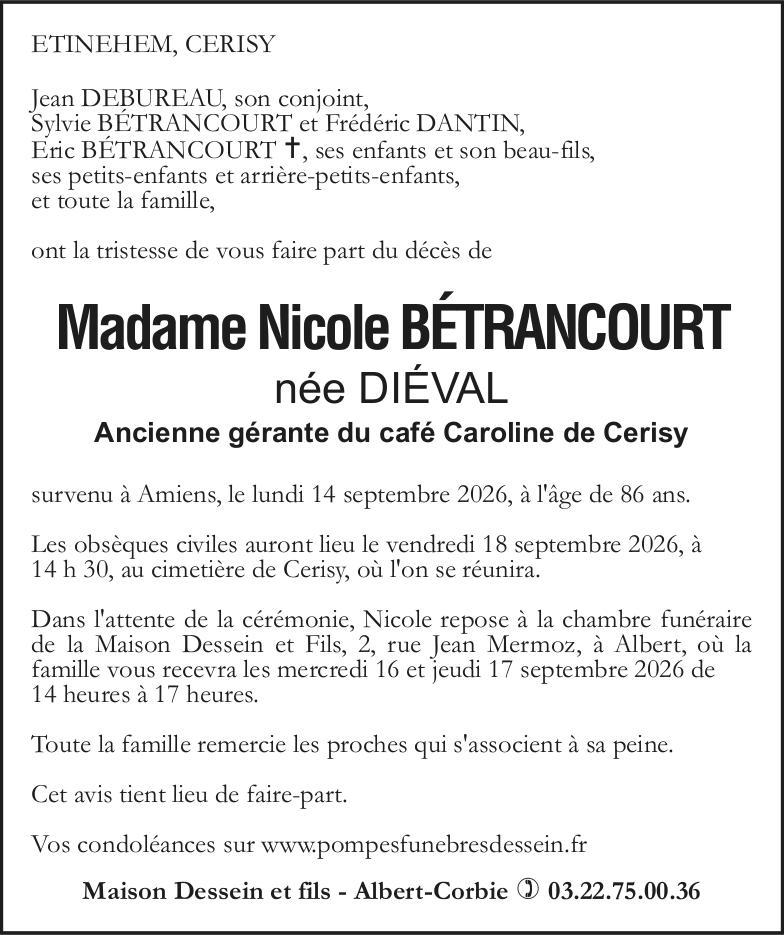 Avis de décès de Madame Nicole BÉTRANCOURRT née DIÉVAL