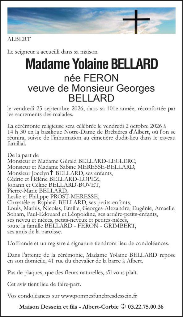 Avis de décès de Madame Yolaine BELLARD née FERON