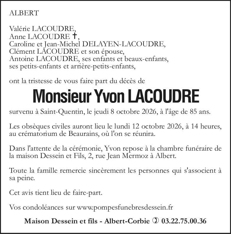 Avis de dcès de Monsieur Yvon LACOUDRE