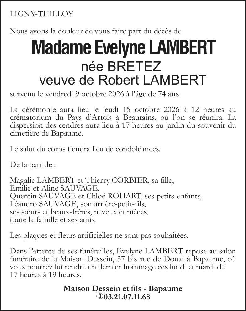 Avis de décès - Madame Evelyne LAMBERT née BRETEZ