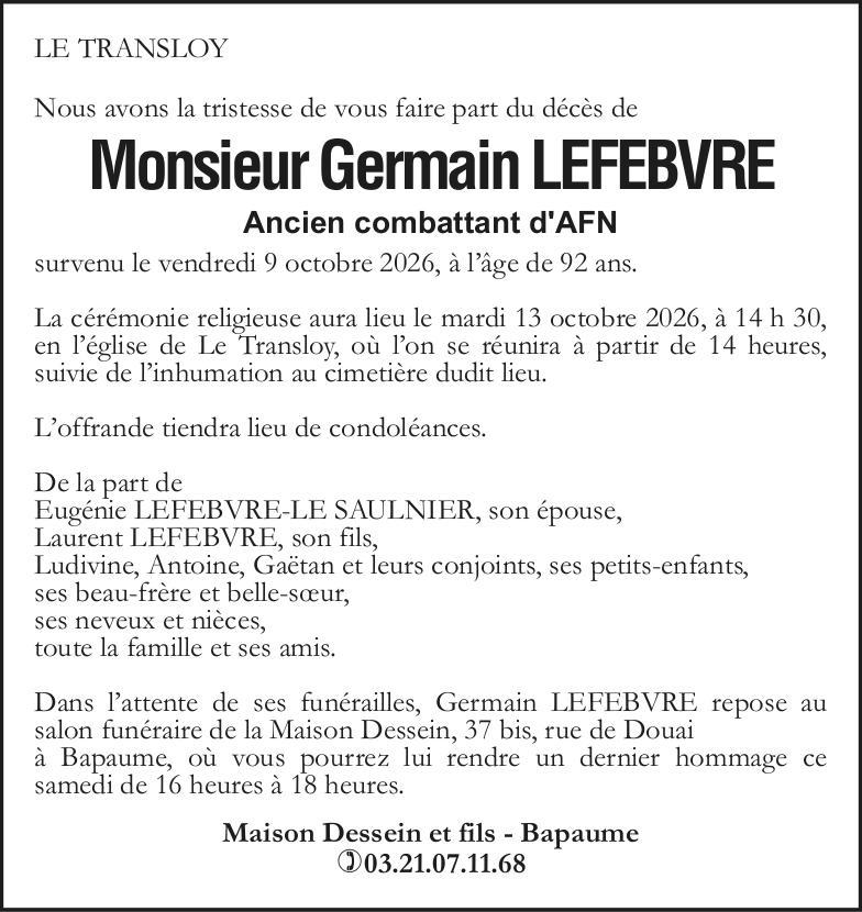 Avis de décès - Monsieur Germain LEFEBVRE