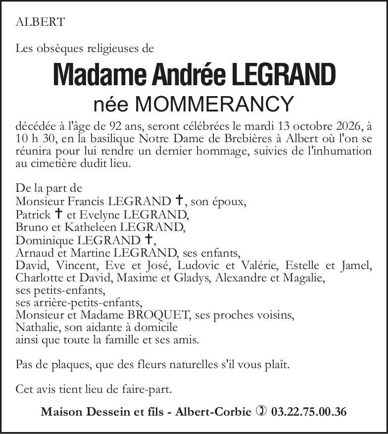 Avis de décès de Madame LEGRAND Andrée