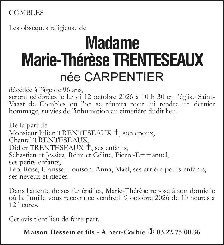 Avis de décès de Madame TRENTESEAUX Marie-Thérèse