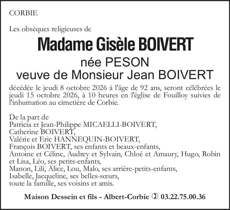 avis de décès de Mme Gisèle BOIVERT
